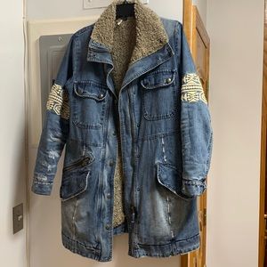 RARE Free People Coat Sherpa Lined Denim Distressed Rendered Jacket XS 4-6